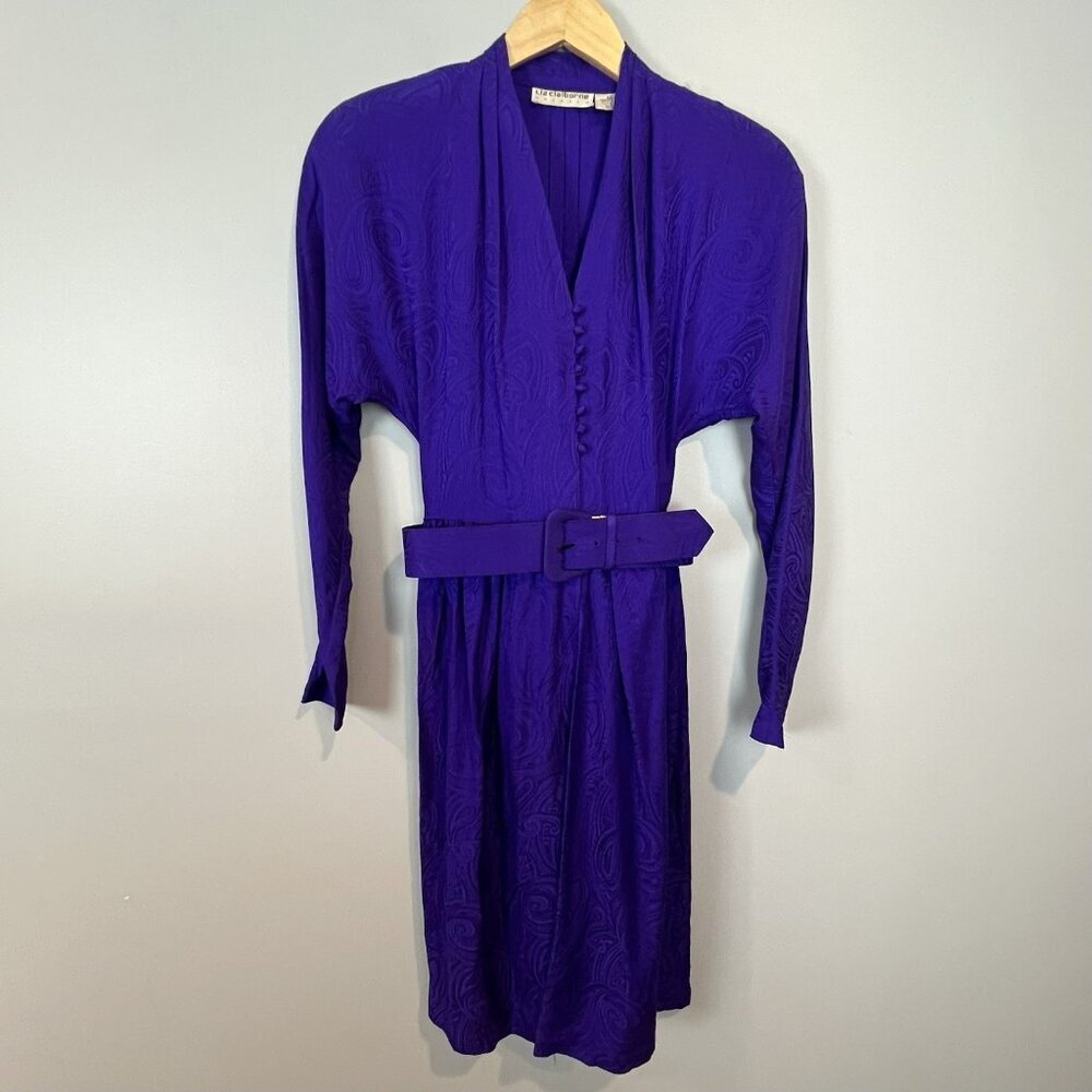 Liz Claiborne Purple 80s Dress Size 6 Silk Belted Shoulder Pads Button Bodice